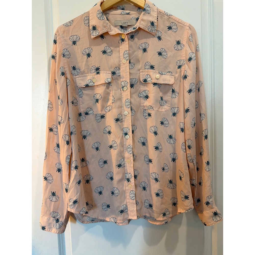 Loft Womens Peach Pink Blue Floral Utility Button Down Blouse Size 8
